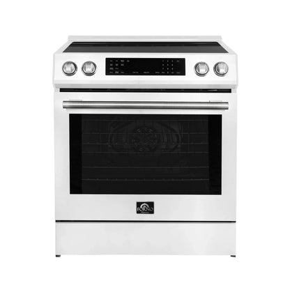 Forno 5-Piece Appliance Package - 30-Inch Induction Range, Under Cabinet Range Hood, Refrigerator with Water Dispenser, Dishwasher, and 24-Inch Microwave Drawer in White with Stainless Steel Trim - APW5-905-30WHT