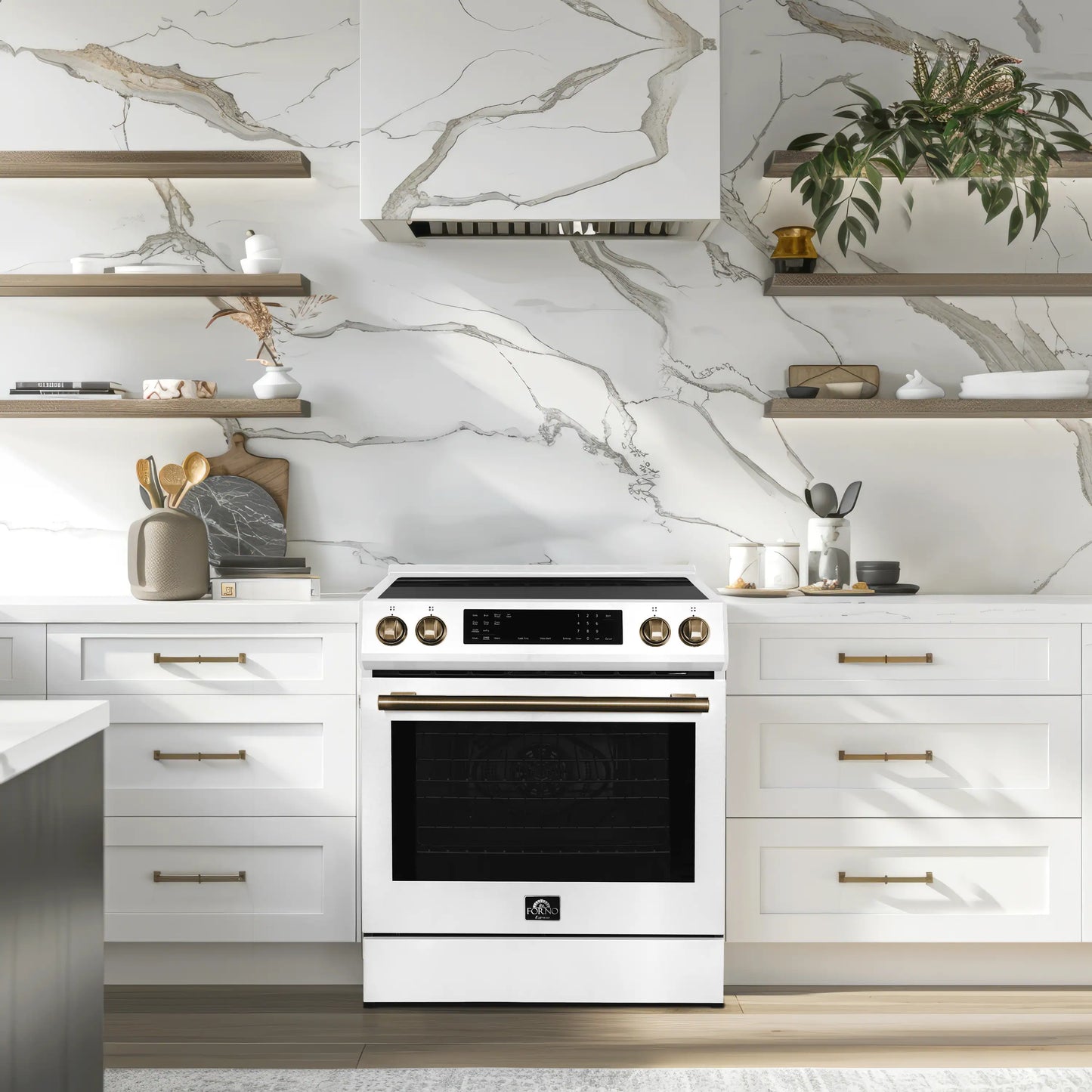 Forno Espresso Donatello 30-Inch Induction Range with Digital Display in White with Antique Brass Trim  - FFSIN0905-30WHT