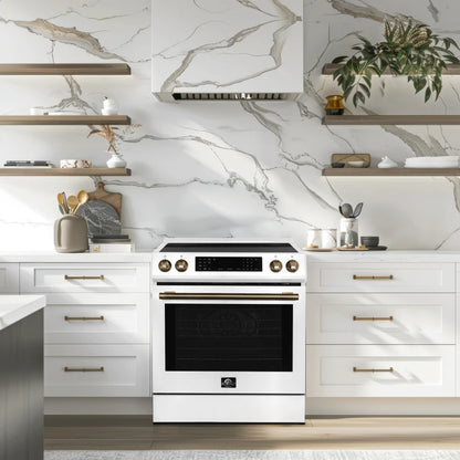 Forno 5-Piece Appliance Package - 30-Inch Induction Range, Under Cabinet Range Hood, Refrigerator with Water Dispenser, Dishwasher, and 30-Inch Microwave Oven in White with Antique Brass Trim - APW5-905-30WHT-MWO30