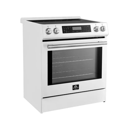 Forno 5-Piece Appliance Package - 30-Inch Induction Range, Under Cabinet Range Hood, French Door Refrigerator, Dishwasher, and 30-Inch Microwave Drawer in White with Stainless Steel Handle - APR5-905-30WHT-MWD30
