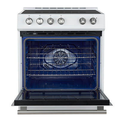 Forno 5-Piece Appliance Package - 30-Inch Induction Range, Under Cabinet Range Hood, Refrigerator with Water Dispenser, Dishwasher, and 30-Inch Microwave Drawer in White with Stainless Steel Trim - APW5-982-30WHT-MWD30