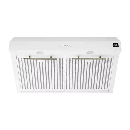 Forno 5-Piece Appliance Package - 30-Inch Induction Range, Under Cabinet Range Hood, Refrigerator, Dishwasher, and 30-Inch Microwave Oven in White with Antique Brass Trim - APR5-905-30WHT-MWO30