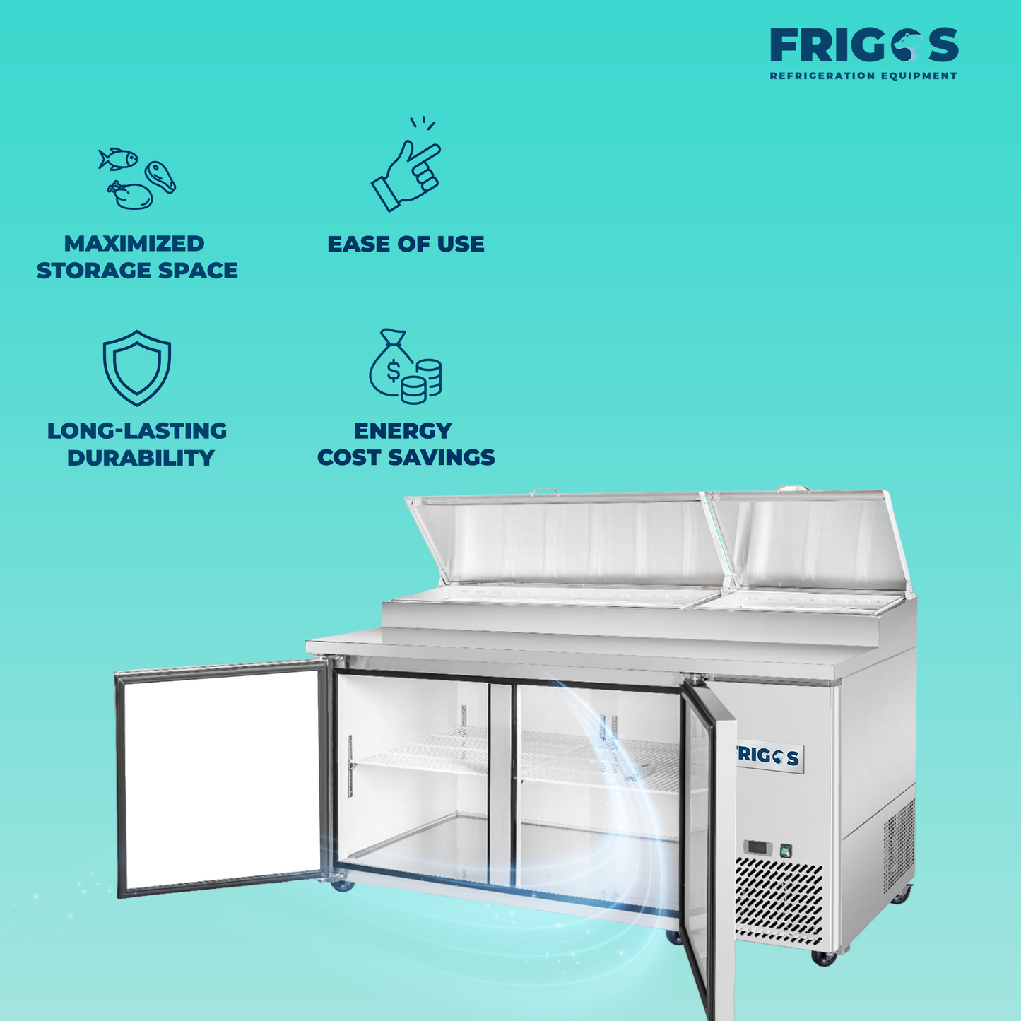 Frigos Pizza Prep Table Refrigerator 67" Width 2 Door with Aluminum Interior with 304 Stainless Steel Floor - FG-PZPT-67