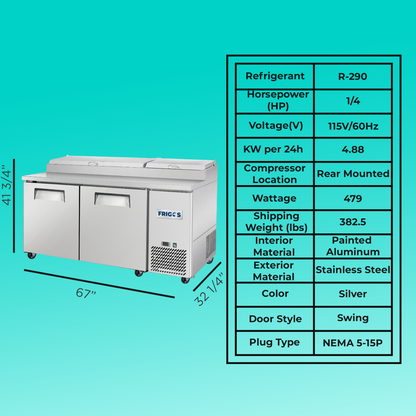 Frigos Pizza Prep Table Refrigerator 67" Width 2 Door with Aluminum Interior with 304 Stainless Steel Floor - FG-PZPT-67