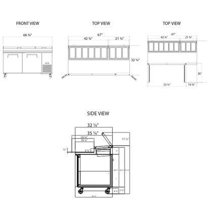 Frigos Pizza Prep Table Refrigerator 67" Width 2 Door with Aluminum Interior with 304 Stainless Steel Floor - FG-PZPT-67