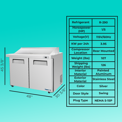 Frigos  Sandwich and Salad Prep Table Refrigerator 48" Width 2 Door with Aluminum Interior with 304 Stainless Steel Floor - FG-SWPT-48