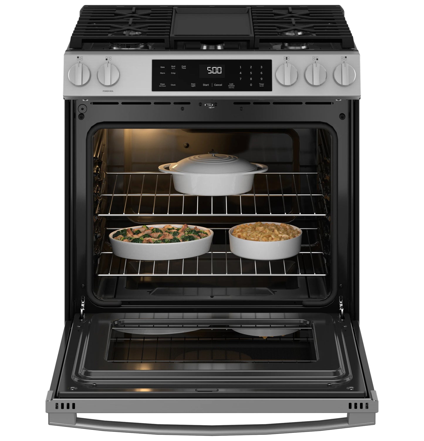 GE Appliances 30" Slide-In Front-Control Gas Range with Crisp Mode Stainless Steel - GGS500PVSS
