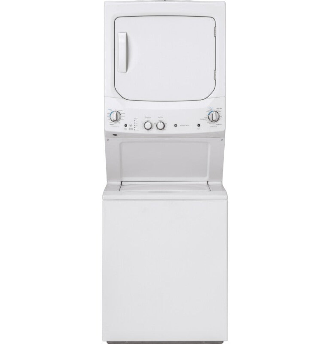 GE Appliances Unitized Spacemaker 3.8 cu. ft. Capacity Washer with Stainless Steel Basket and 5.9 cu. ft. Capacity Long Vent Electric Dryer White on White - GUV27ESSMWW