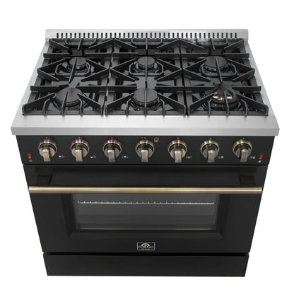 Forno 4-Piece Appliance Package - 36-Inch Gas Range, Wall Mount Range Hood, 36-Inch French Door Refrigerator, and Dishwasher in Black with Antique Brass Handle - AP4-6244-36BLK-5095