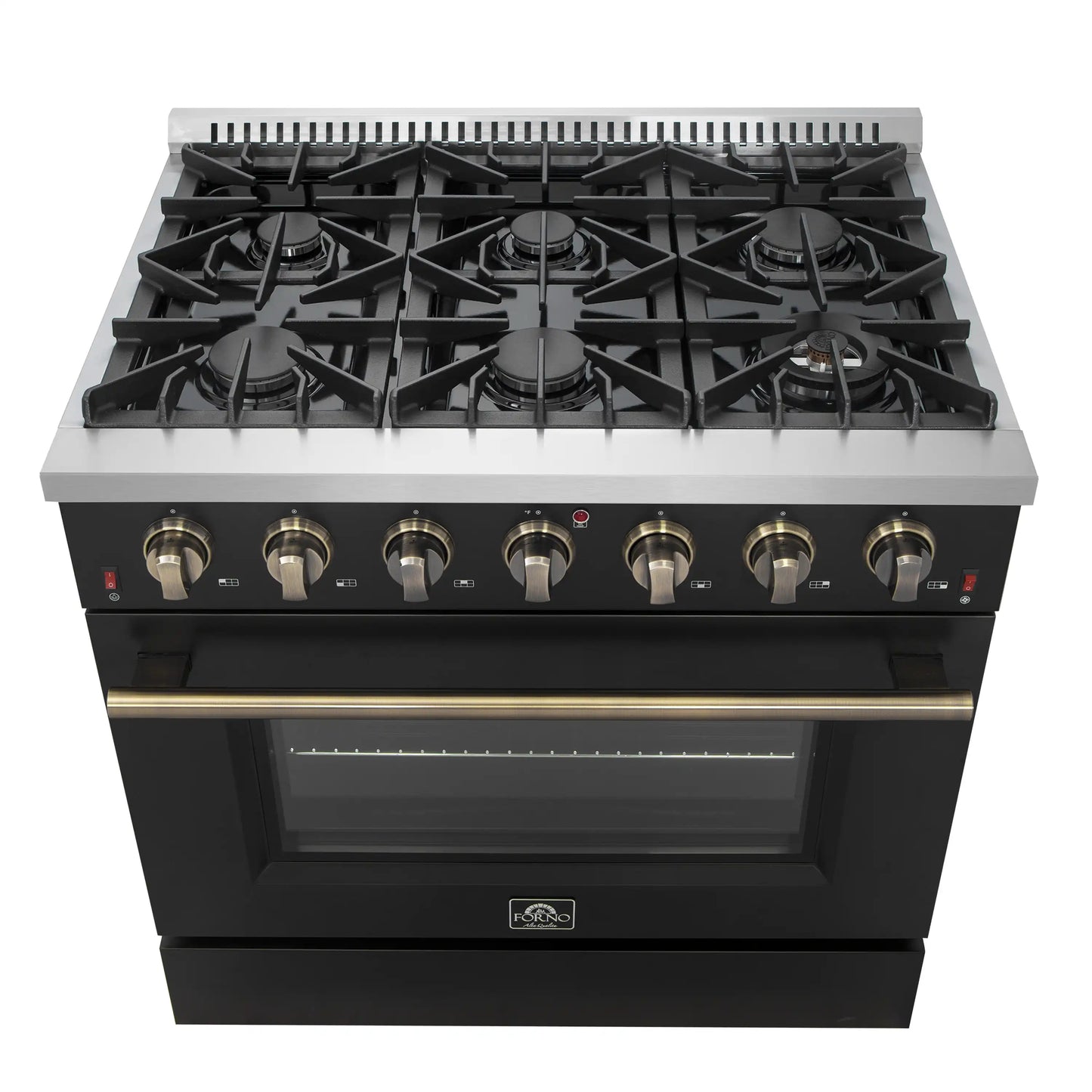 Forno Galiano 5-Piece Appliance Package - 36-Inch Gas Range, 36-Inch Hood, 36-Inch Refrigerator, 24-Inch Dishwasher, & 30-Inch Microwave Drawer in Black with Antique Brass Trim - AP5-6244-36BLK-MWD30