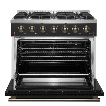Forno 5-Piece Appliance Package - 36-Inch Gas Range, Wall Mount Range Hood, 36-Inch Refrigerator, Dishwasher, and 24-Inch Microwave Drawer in Black with Antique Brass Handle - AP5-6244-36BLK-5095-MD24