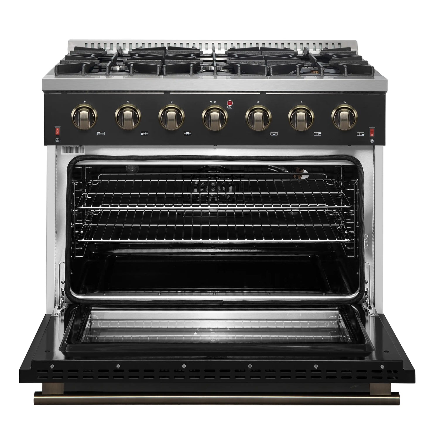 Forno 5-Piece Appliance Package - 36-Inch Gas Range, Wall Mount Range Hood, 36-Inch Refrigerator, Dishwasher, and 30-Inch Microwave Drawer in Black with Antique Brass Handle - AP5-6244-36BLK-5095-MD30