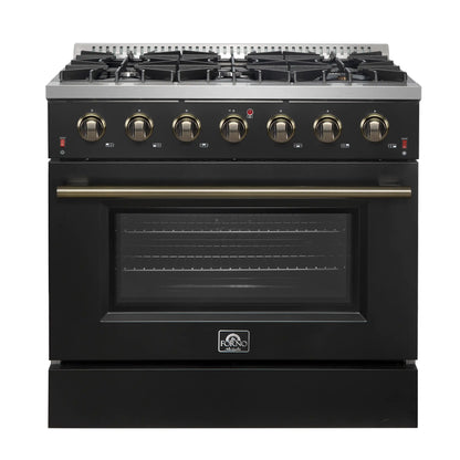 Forno 3-Piece Appliance Package - 36-Inch Gas Range, 60-Inch Convertible Refrigerator with Modern Trim, and Dishwasher in Black with Antique Brass Handle - AP3-6244-36BLK-60MG