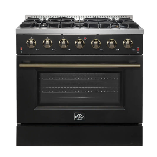 Forno 5-Piece Appliance Package - 36-Inch Gas Range, Wall Mount Range Hood, 36-Inch Refrigerator, Dishwasher, and 24-Inch Microwave Drawer in Black with Antique Brass Handle - AP5-6244-36BLK-5095-MD24