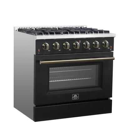 Forno Galiano 5-Piece Appliance Package - 36-Inch Gas Range, 36-Inch Hood, 36-Inch Refrigerator, 24-Inch Dishwasher, & 24-Inch Microwave Oven in Black with Antique Brass Trim - AP5-6244-36BLK-MWO24