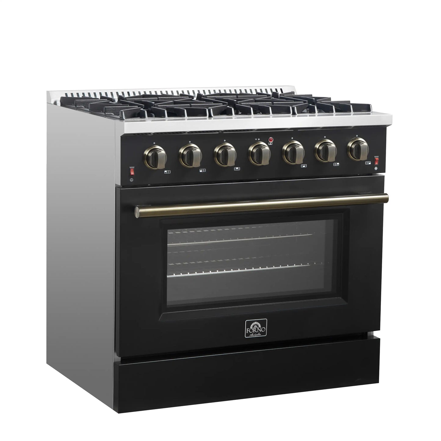 Forno 5-Piece Appliance Package - 36-Inch Gas Range, Wall Mount Range Hood, 60-Inch Convertible Refrigerator with Modern Trim, Dishwasher, and 24-Inch Microwave Oven in Black with Antique Brass Handle - AP5-6244-36BLK-MWO24-60MG