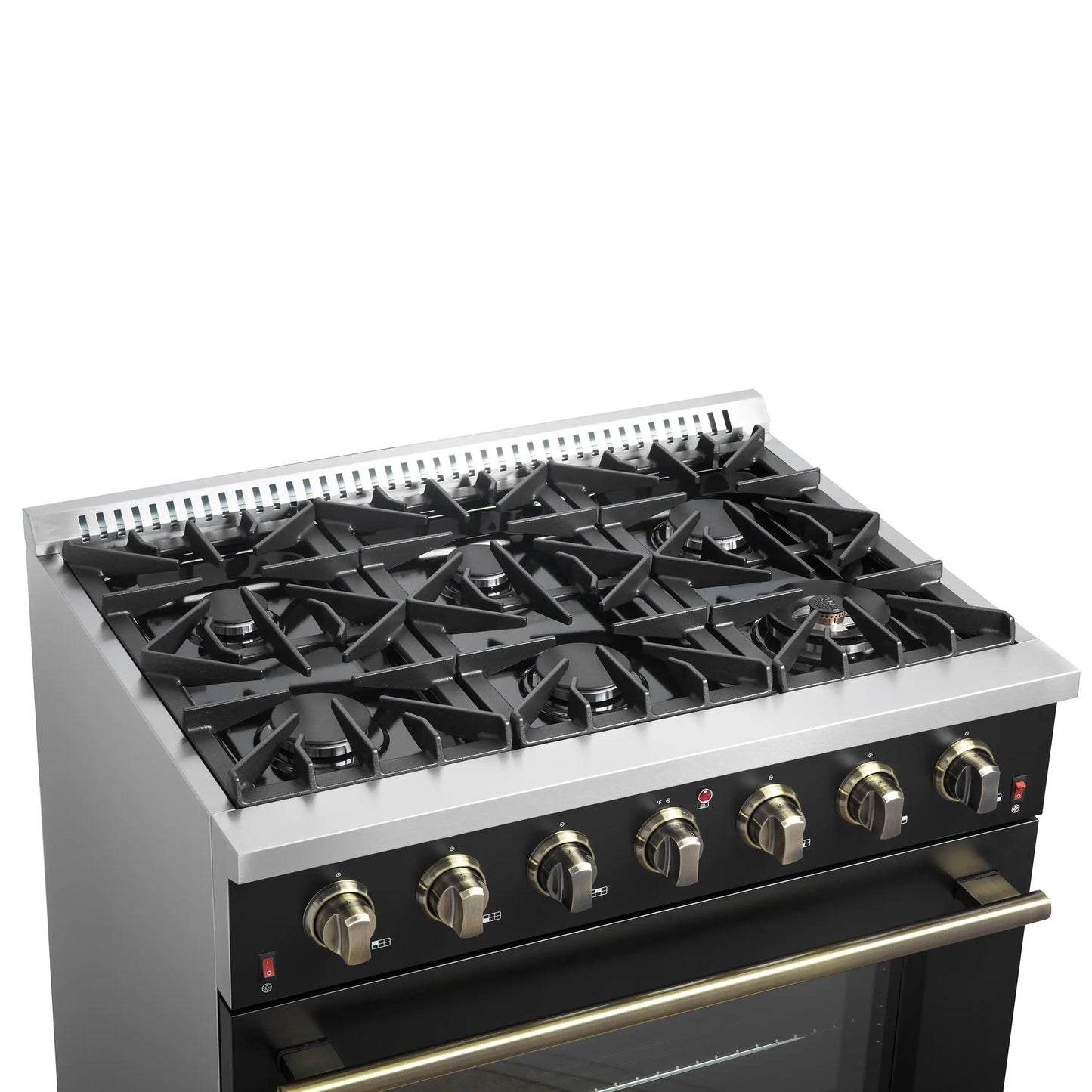 Forno 5-Piece Appliance Package - 36-Inch Gas Range, Wall Mount Range Hood, 36-Inch Refrigerator, Dishwasher, and 24-Inch Microwave Drawer in Black with Antique Brass Handle - AP5-6244-36BLK-5095-MD24