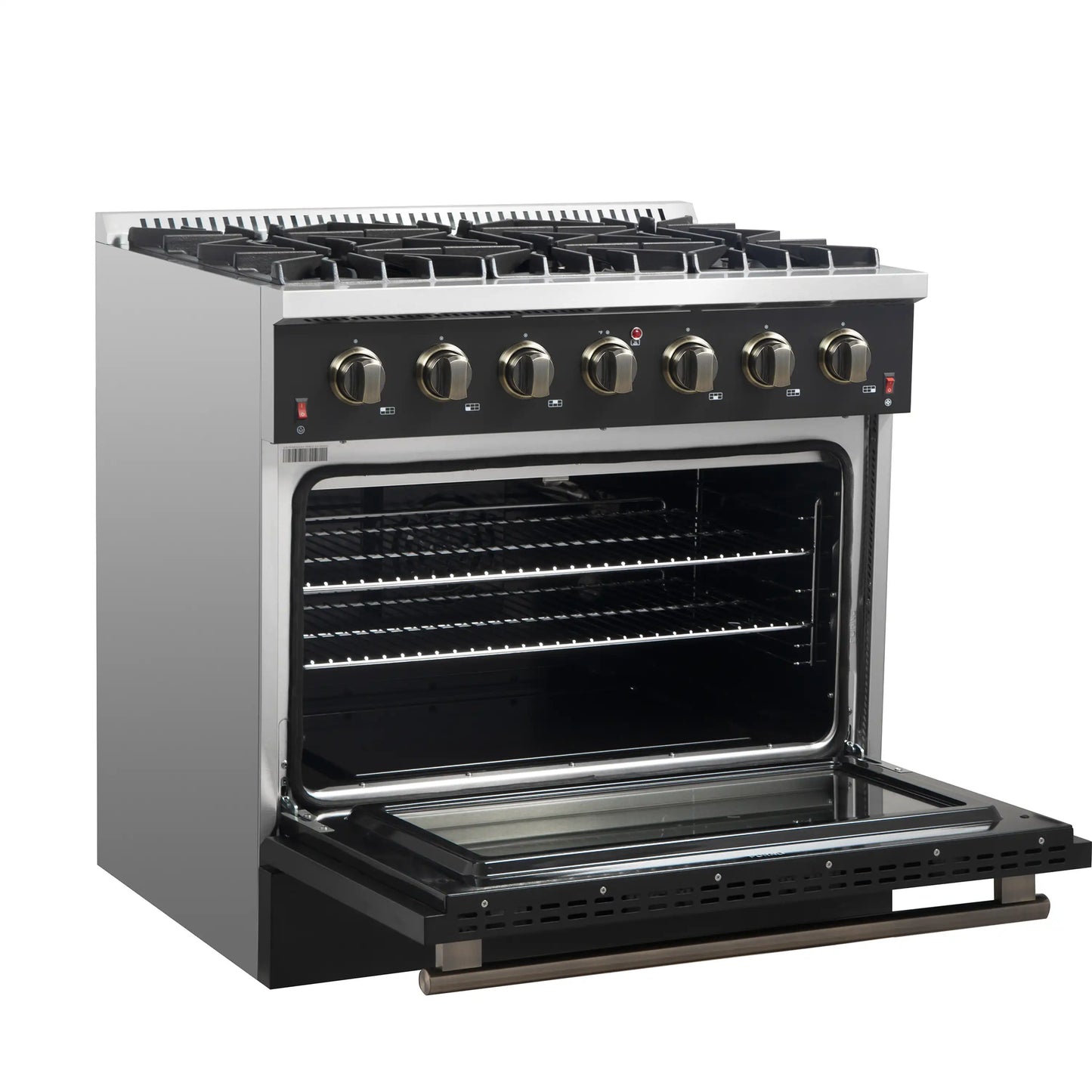 Forno 5-Piece Appliance Package - 36-Inch Gas Range, Wall Mount Range Hood, 36-Inch Refrigerator, Dishwasher, and 30-Inch Microwave Drawer in Black with Antique Brass Handle - AP5-6244-36BLK-5095-MD30