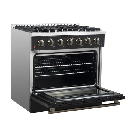 Forno Galiano 5-Piece Appliance Package - 36-Inch Gas Range, 36-Inch Hood, 36-Inch Refrigerator, 24-Inch Dishwasher, & 30-Inch Microwave Drawer in Black with Antique Brass Trim - AP5-6244-36BLK-MWD30