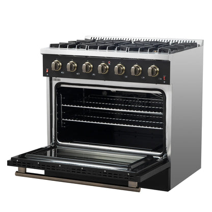 Forno 5-Piece Appliance Package - 36-Inch Gas Range, Wall Mount Range Hood, 60-Inch Convertible Refrigerator with Modern Trim, Dishwasher, and 30-Inch Microwave Oven in Black with Antique Brass Handle - AP5-6244-36BLK-MWO30-60MG