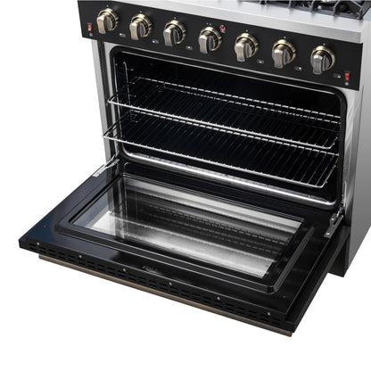 Forno 5-Piece Appliance Package - 36-Inch Gas Range, Wall Mount Range Hood, 36-Inch Refrigerator, Dishwasher, and 24-Inch Microwave Drawer in Black with Antique Brass Handle - AP5-6244-36BLK-5095-MD24