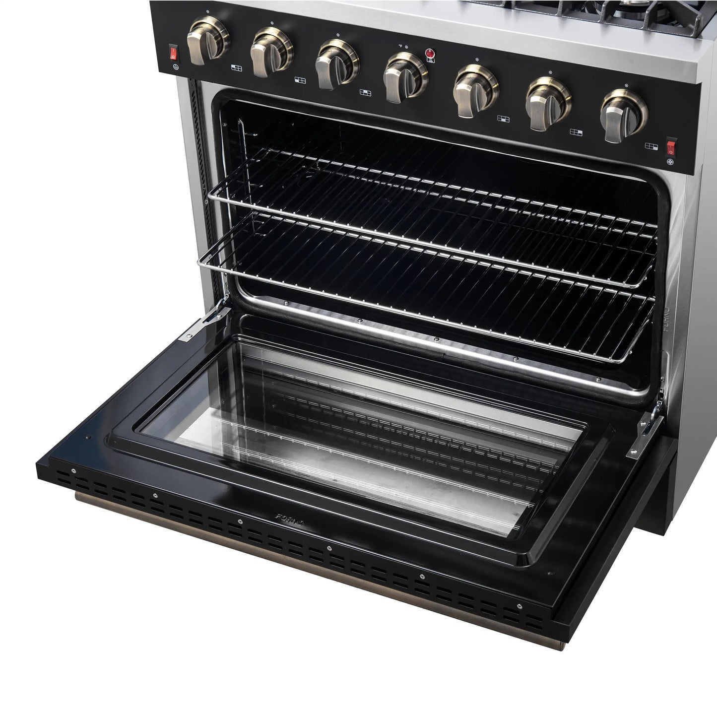 Forno 5-Piece Appliance Package - 36-Inch Gas Range, Wall Mount Range Hood, 36-Inch Refrigerator, Dishwasher, and 30-Inch Microwave Drawer in Black with Antique Brass Handle - AP5-6244-36BLK-5095-MD30