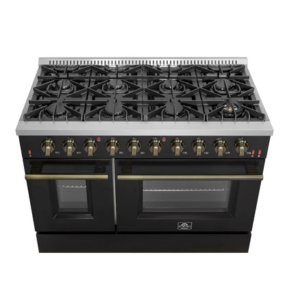 Forno 5-Piece Appliance Package - 48-Inch Gas Range, Wall Mount Range Hood, 60-Inch Refrigerator, Dishwasher, and 30-Inch Microwave Drawer in Black with Antique Brass Handle - AP5-6244-48BLK-5095-60MG-MD30