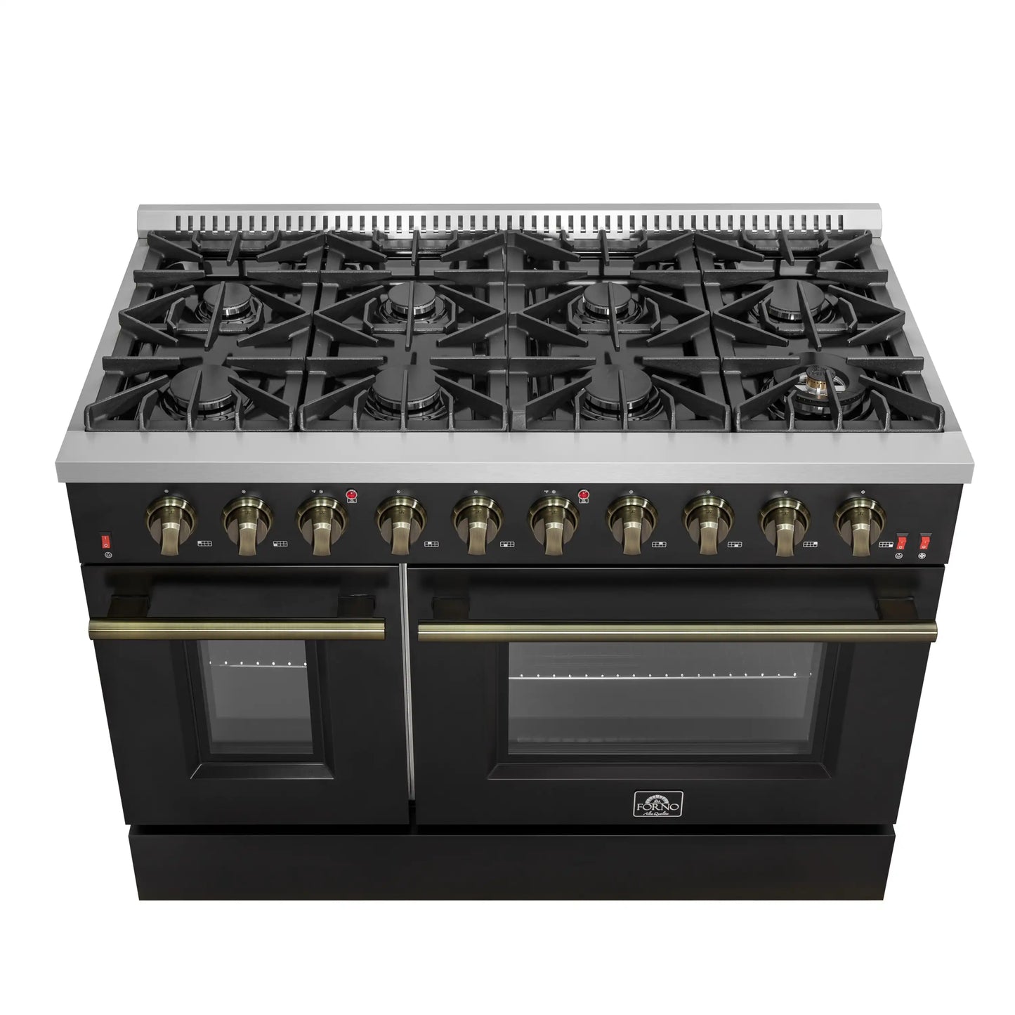 Forno 5-Piece Appliance Package - 48-Inch Gas Range, 60-Inch Convertible Refrigerator with Modern Trim, Dishwasher, and 24-Inch Microwave Drawer in Black with Antique Brass Handle - AP5-6244-48BLK-MWD24-60MG