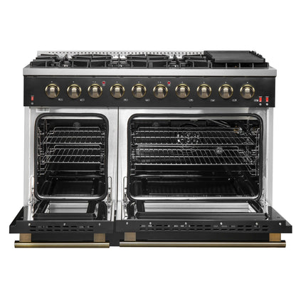 Forno 5-Piece Appliance Package - 48-Inch Gas Range, 60-Inch Convertible Refrigerator with Modern Trim, Dishwasher, and 30-Inch Microwave Oven in Black with Antique Brass Handle - AP5-6244-48BLK-MWO30-60MG