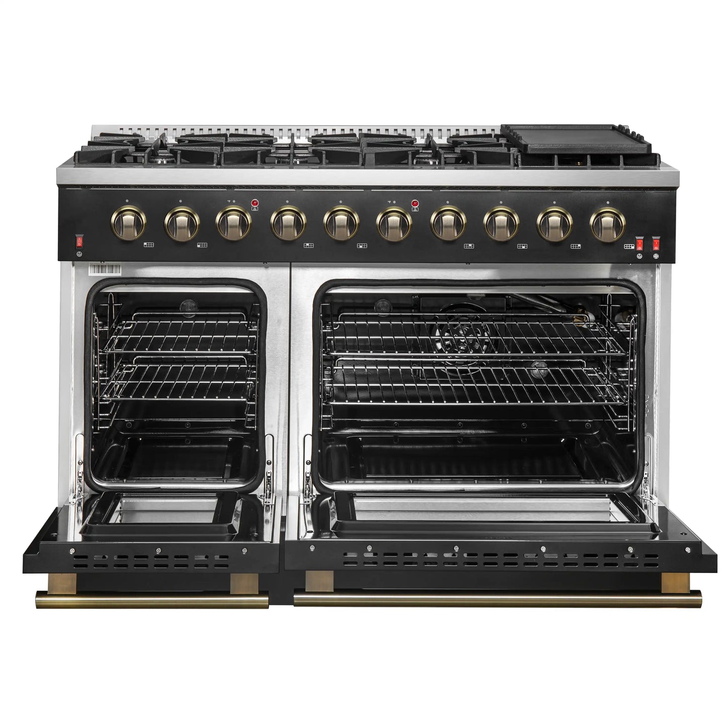 Forno Galiano 5-Piece Appliance Package - 48-Inch Gas Range, 48-Inch Hood, 36-Inch Refrigerator, 24-Inch Dishwasher, & 24-Inch Microwave Drawer in Black with Antique Brass Trim - AP5-6244-48BLK-MWD24