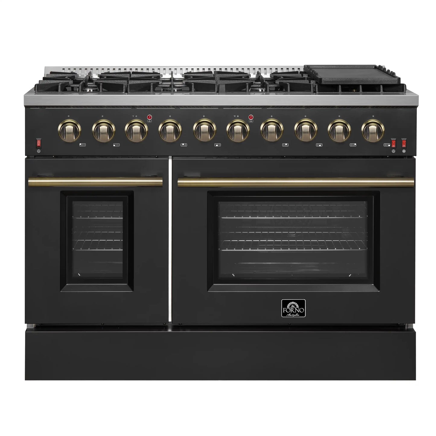 Forno 5-Piece Appliance Package - 48-Inch Gas Range, 60-Inch Convertible Refrigerator with Modern Trim, Dishwasher, and 24-Inch Microwave Drawer in Black with Antique Brass Handle - AP5-6244-48BLK-MWD24-60MG