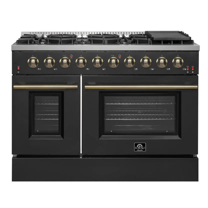 Forno 5-Piece Appliance Package - 48-Inch Gas Range, Wall Mount Range Hood, 36-Inch Refrigerator, Dishwasher, and 30-Inch Microwave Drawer in Black with Antique Brass Handle - AP5-6244-48BLK-5095-MD30