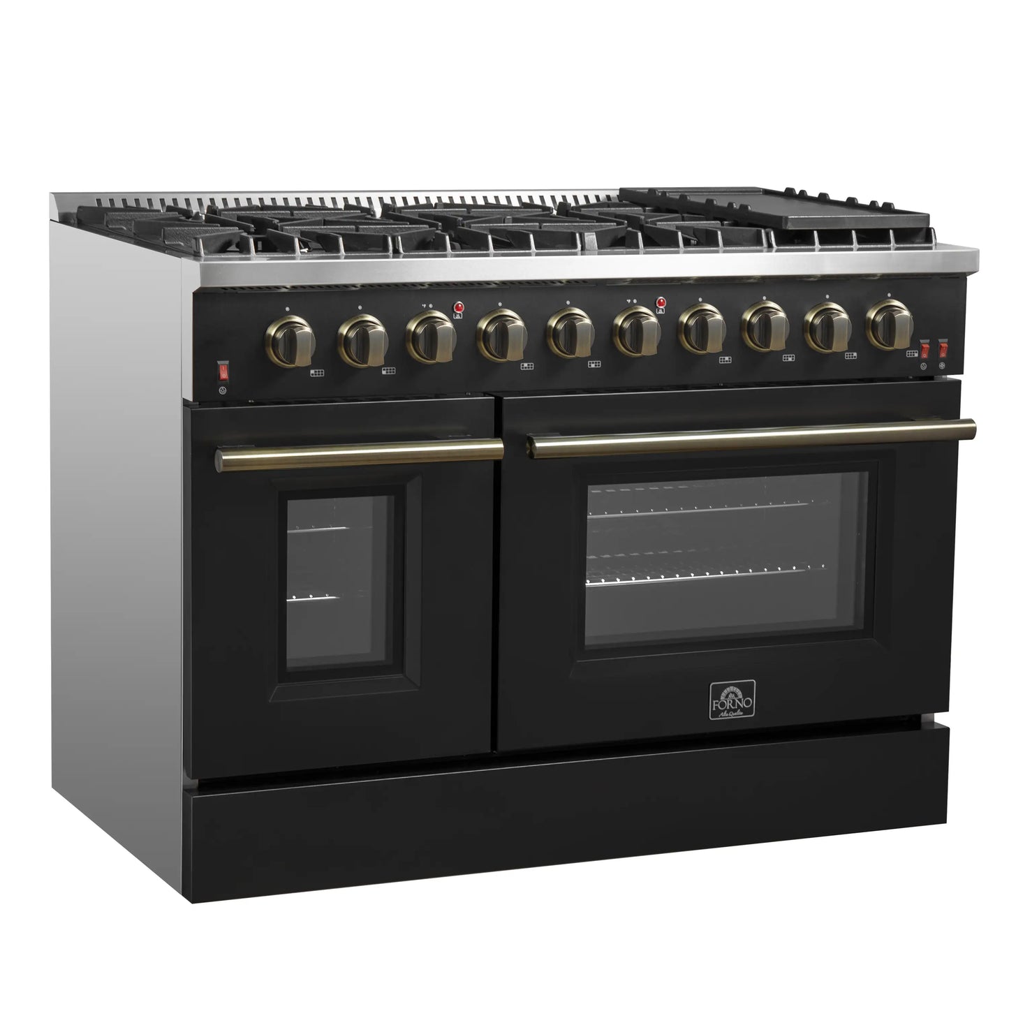 Forno 5-Piece Appliance Package - 48-Inch Gas Range, Wall Mount Range Hood, 36-Inch Refrigerator, Dishwasher, and 30-Inch Microwave Drawer in Black with Antique Brass Handle - AP5-6244-48BLK-5095-MD30