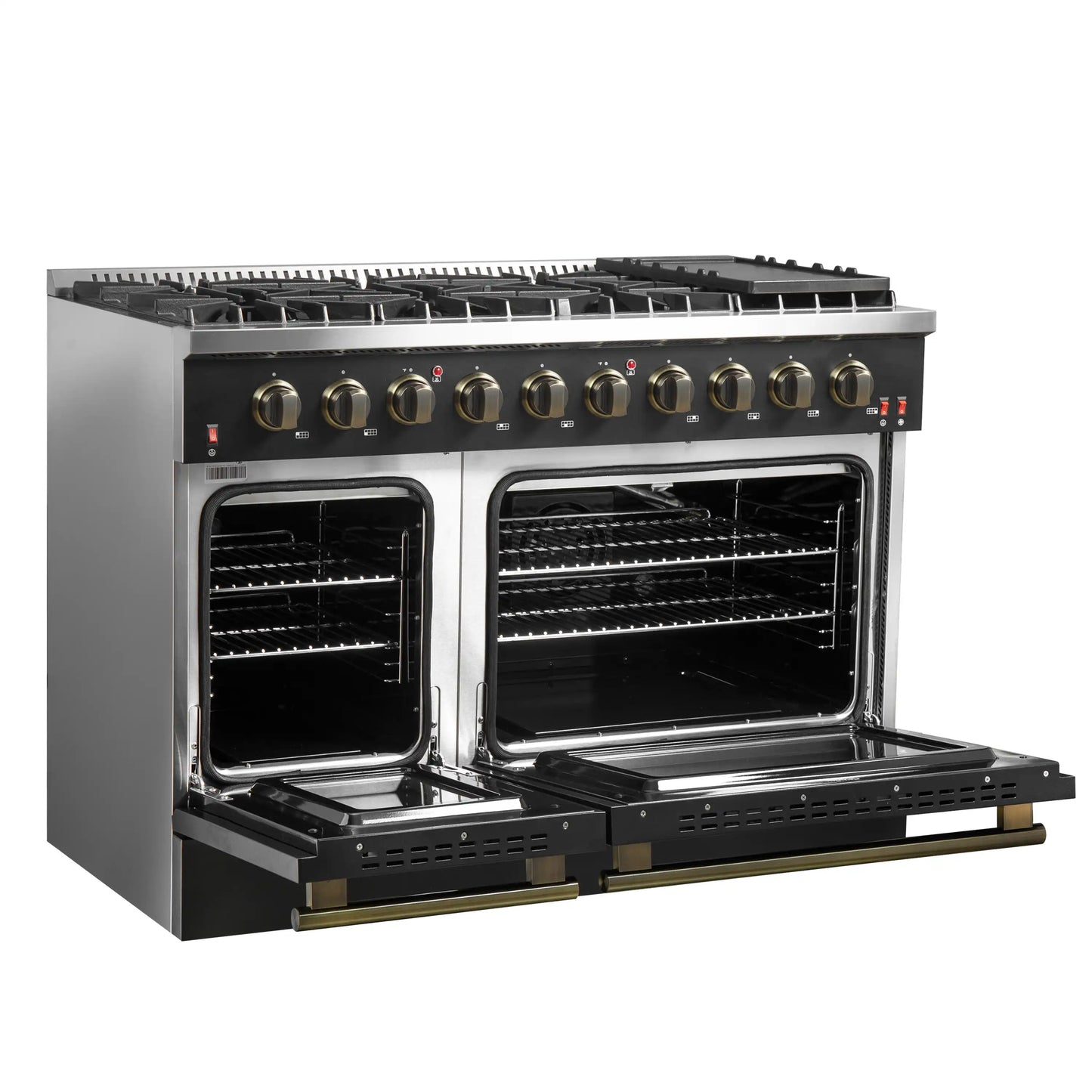 Forno Galiano 5-Piece Appliance Package - 48-Inch Gas Range, 48-Inch Hood, 36-Inch Refrigerator, 24-Inch Dishwasher, & 24-Inch Microwave Drawer in Black with Antique Brass Trim - AP5-6244-48BLK-MWD24