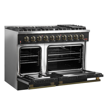 Forno Galiano 5-Piece Appliance Package - 48-Inch Gas Range, 48-Inch Hood, 36-Inch Refrigerator, 24-Inch Dishwasher, & 24-Inch Microwave Drawer in Black with Antique Brass Trim - AP5-6244-48BLK-MWD24
