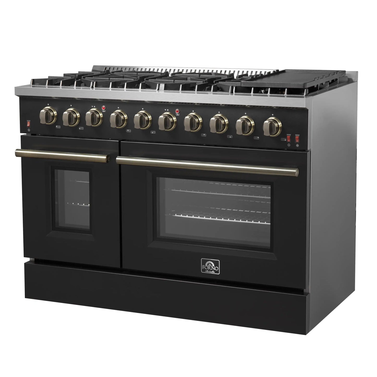 Forno 5-Piece Appliance Package - 48-Inch Gas Range, 60-Inch Convertible Refrigerator with Modern Trim, Dishwasher, and 30-Inch Microwave Oven in Black with Antique Brass Handle - AP5-6244-48BLK-MWO30-60MG