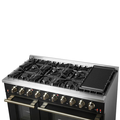 Forno 5-Piece Appliance Package - 48-Inch Gas Range, 60-Inch Convertible Refrigerator with Modern Trim, Dishwasher, and 24-Inch Microwave Oven in Black with Antique Brass Handle - AP5-6244-48BLK-MWO24-60MG