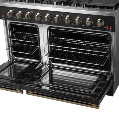 Forno 5-Piece Appliance Package - 48-Inch Gas Range, Wall Mount Range Hood, 60-Inch Refrigerator, Dishwasher, and 24-Inch Microwave Drawer in Black with Antique Brass Handle - AP5-6244-48BLK-5095-60MG-MD24