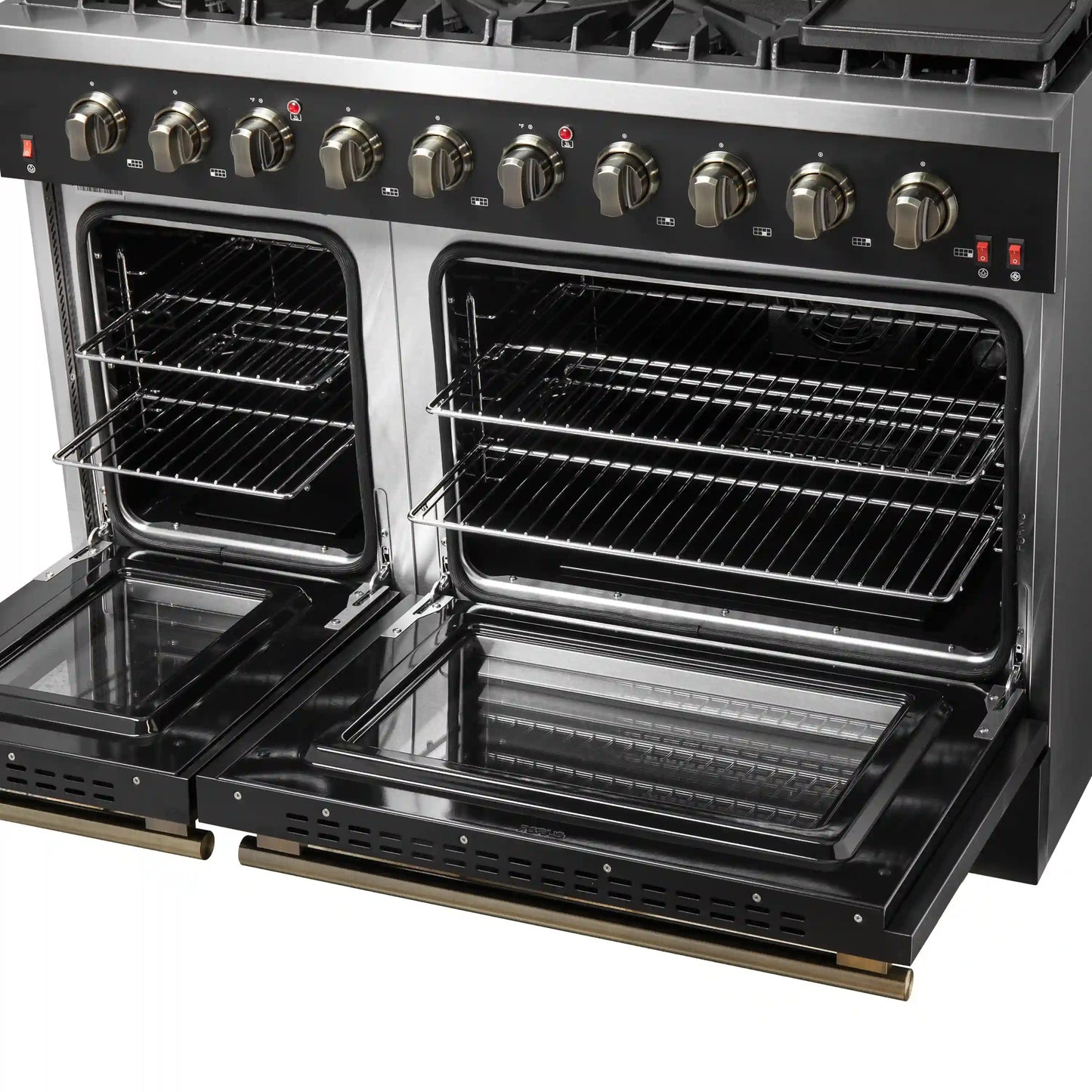 Forno 5-Piece Appliance Package - 48-Inch Gas Range, Wall Mount Range Hood, 36-Inch Refrigerator, Dishwasher, and 30-Inch Microwave Drawer in Black with Antique Brass Handle - AP5-6244-48BLK-5095-MD30
