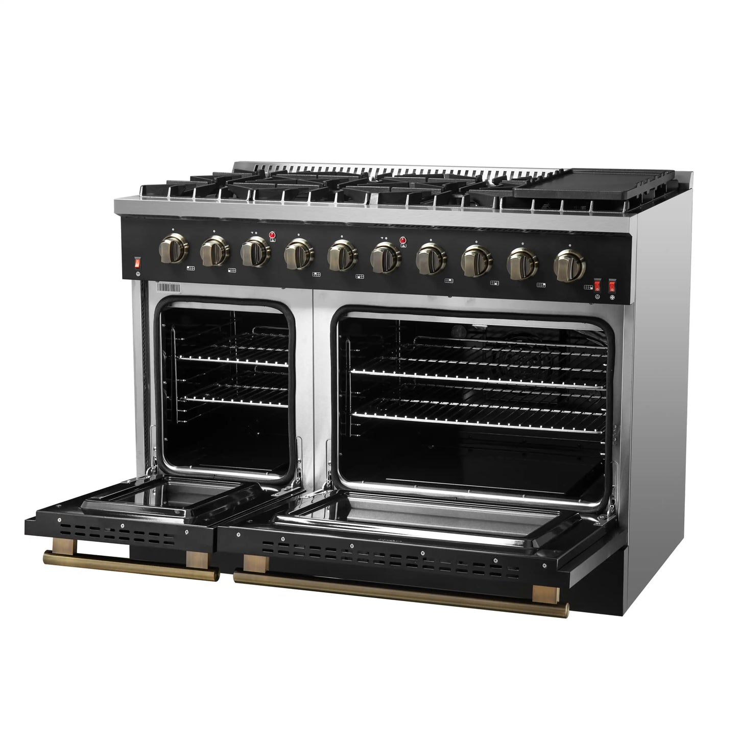 Forno 5-Piece Appliance Package - 48-Inch Gas Range, 60-Inch Convertible Refrigerator with Modern Trim, Dishwasher, and 24-Inch Microwave Drawer in Black with Antique Brass Handle - AP5-6244-48BLK-MWD24-60MG