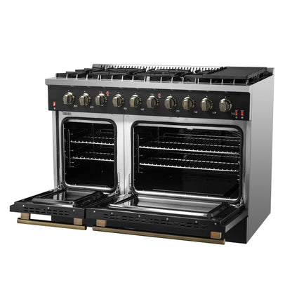 Forno 5-Piece Appliance Package - 48-Inch Gas Range, 60-Inch Convertible Refrigerator with Modern Trim, Dishwasher, and 24-Inch Microwave Drawer in Black with Antique Brass Handle - AP5-6244-48BLK-MWD24-60MG