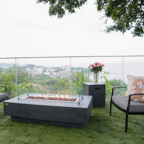 Hampton Fire Table with Flame and windscreen and propane tank cover in outdoor balcony