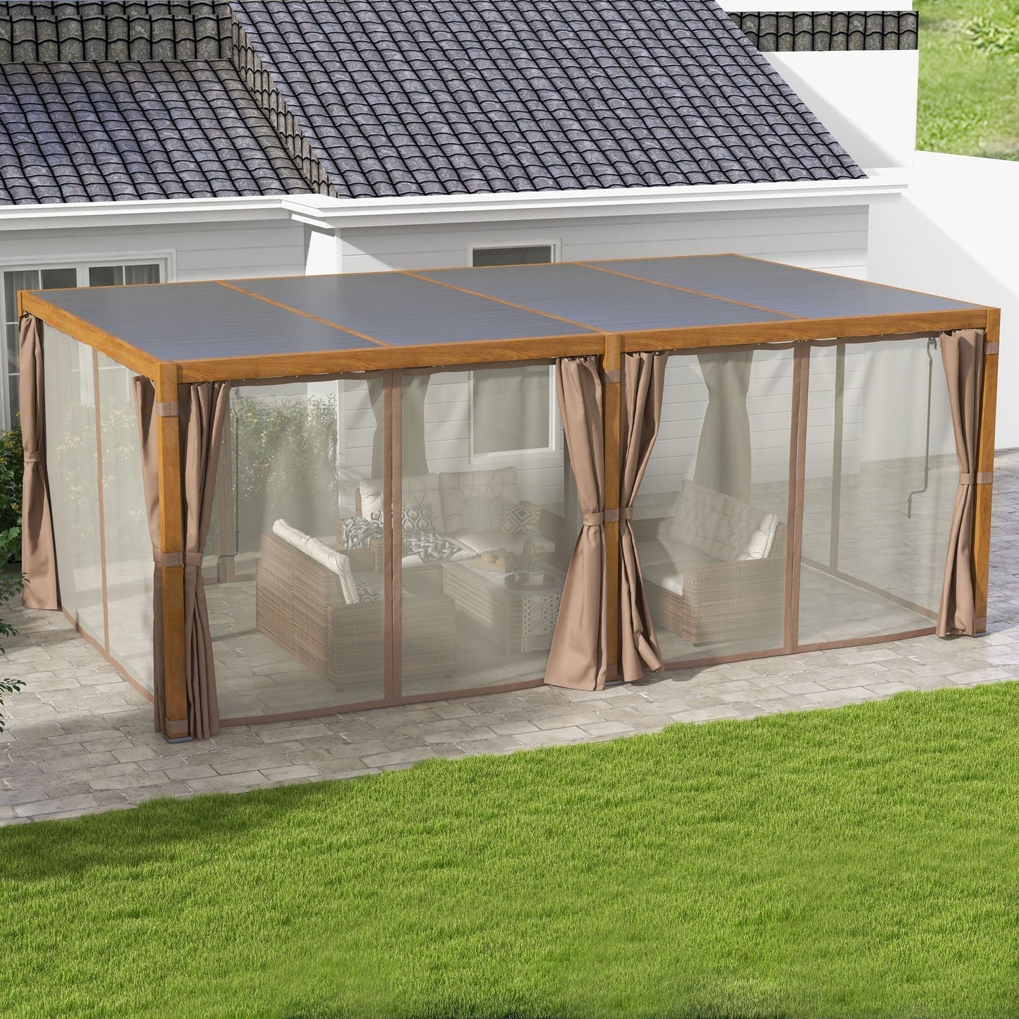 Outsunny 12' x 19' Aluminum Outdoor Pergola with Adjustable Louvered, Curtains & Netting, Natural - 84C-509V00ND