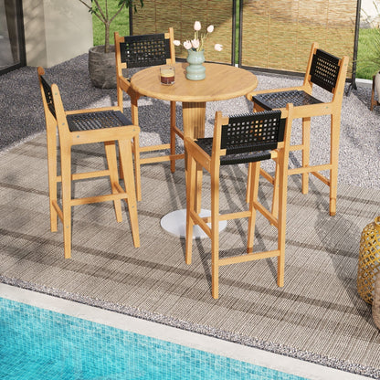 Tangkula Teak Wood Bar Chair, 30” Rattan Bar Stool with Backrest & Footrest - JV11897