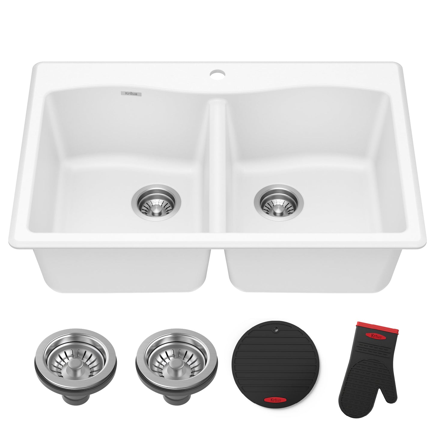 KRAUS Forteza 33” Granite Drop-In or Undermount 50/50 Double Bowl White Kitchen Sink - KGD-52WHITE