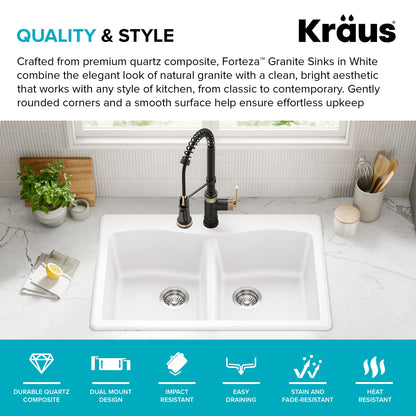 KRAUS Forteza 33” Granite Drop-In or Undermount 50/50 Double Bowl White Kitchen Sink - KGD-52WHITE