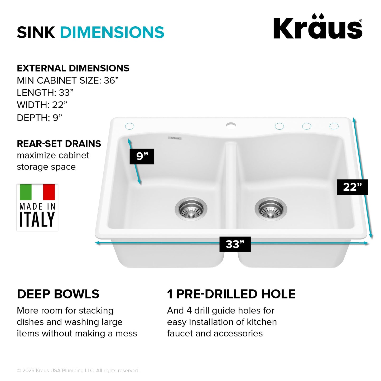 KRAUS Forteza 33” Granite Drop-In or Undermount 50/50 Double Bowl White Kitchen Sink - KGD-52WHITE