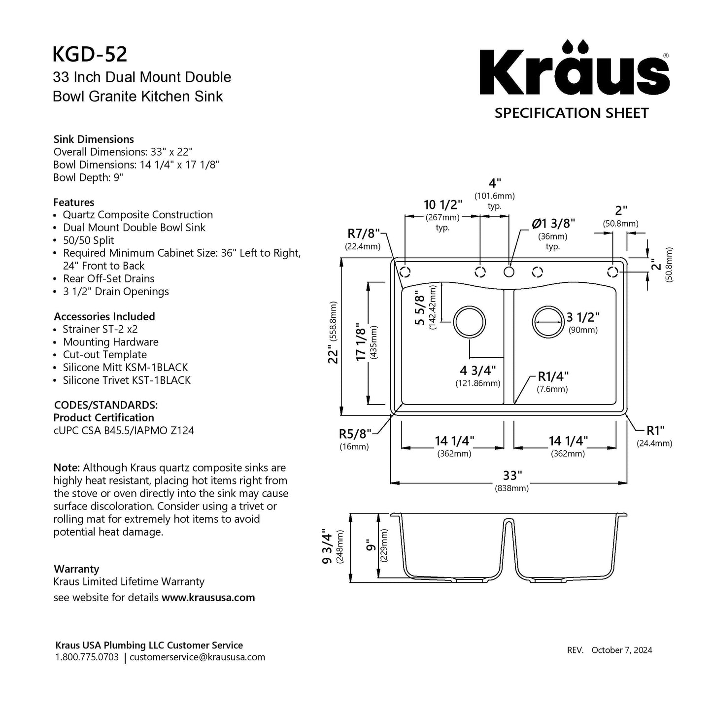 KRAUS Forteza 33” Granite Drop-In or Undermount 50/50 Double Bowl White Kitchen Sink - KGD-52WHITE