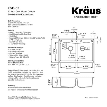 KRAUS Forteza 33” Granite Drop-In or Undermount 50/50 Double Bowl White Kitchen Sink - KGD-52WHITE