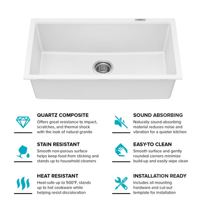 KRAUS Quarza 31” Granite Undermount Single Bowl White Kitchen Sink - KGU-413BWHITE